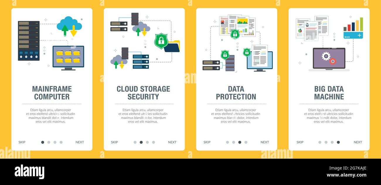 Symbole für Mainframe, Computer, Cloud-Speicher, Big Data, Sicherheit und Schutz. Konzepte zu Mainframe-Computer, Cloud-Storage-Sicherheit, Datenschutz, Stock Vektor