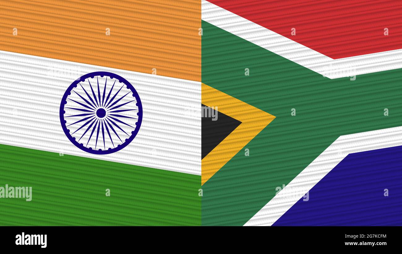 Südafrika und Indien zwei Half Flags zusammen Stofftextur Illustration Stockfoto