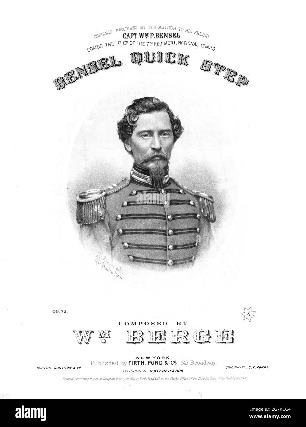 Bendels Quick Step, 1861 lithographierte Bürgerkriegs-Notenblätter mit einem Porträt von William, Bensel in Uniform, 7. Regiment, New York National Guard. Stockfoto