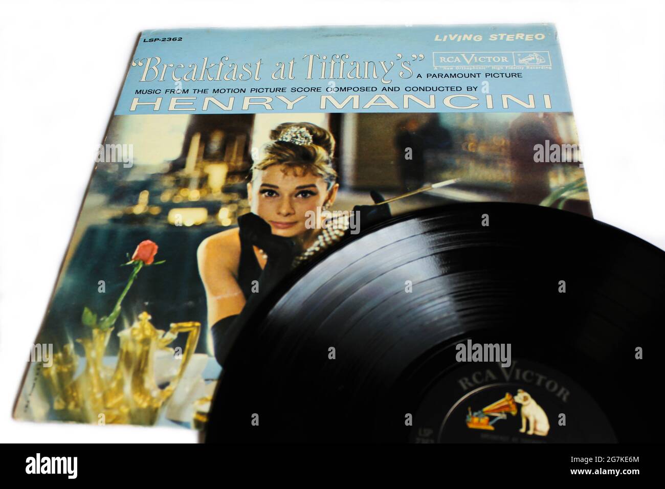 Soundtrack zum Frühstück bei Tiffany's: Musik aus dem Film-Musikalbum Motion Picture auf Vinyl-LP-Schallplatte. Albumcover Stockfoto