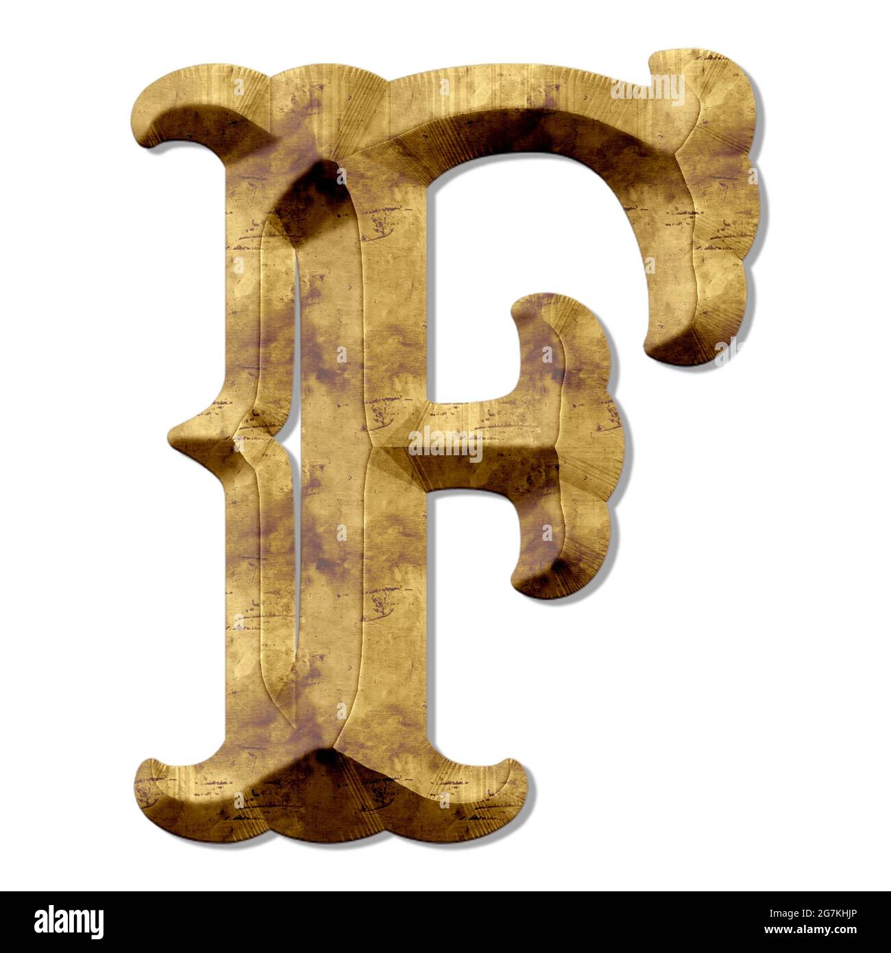 3D-Rendering des goldenen „F“-Buchstabens isoliert auf weißem Hintergrund im mittelalterlichen Stil Stockfoto