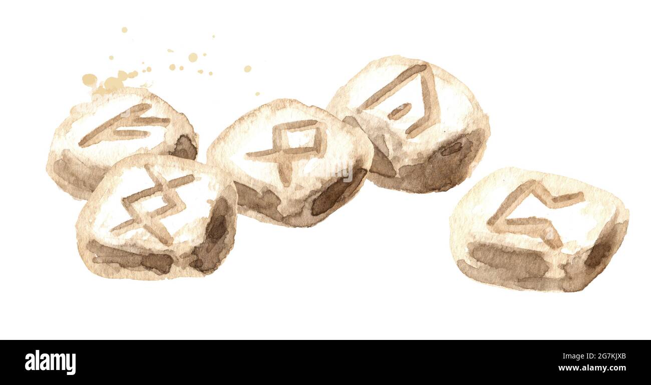 Skandinavische Steinmetzrunen wurden von Hand gefertigt, um das Glück zu erzählen. Hexerei, Magie, Okkult und esoterisches Konzept. Handgezeichnete Aquarelldarstellung isoliert auf Stockfoto