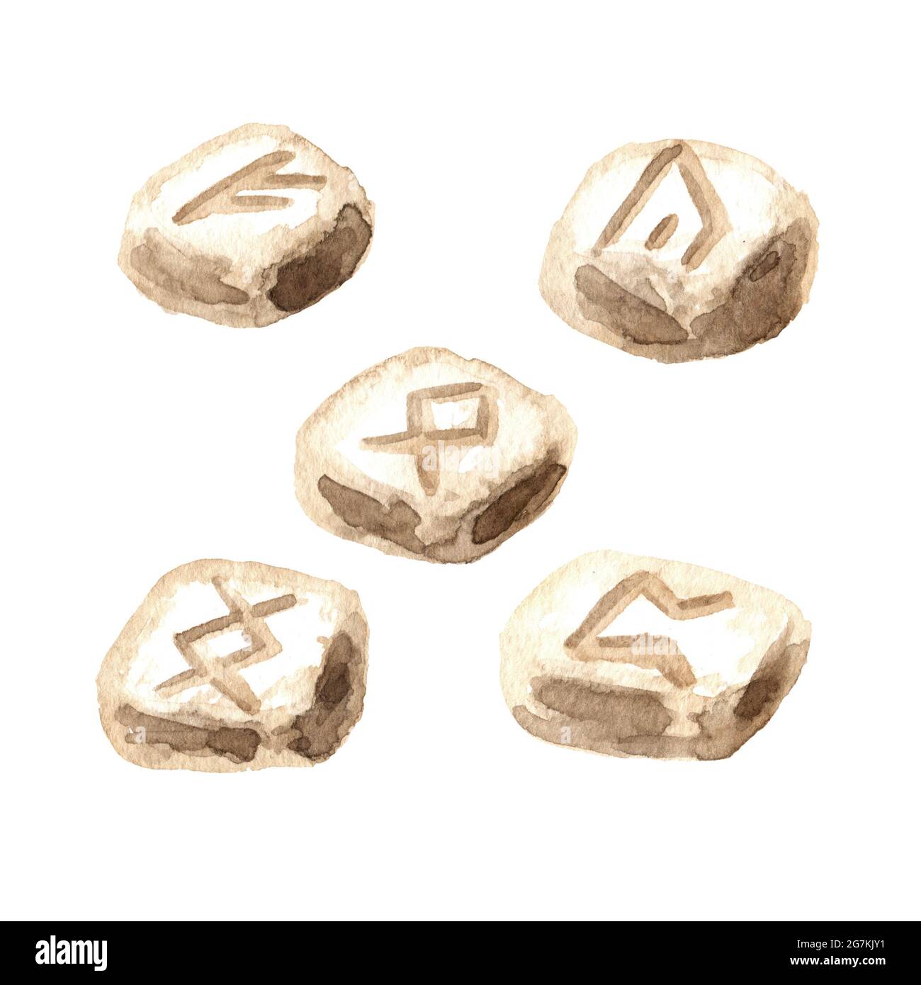 Handgefertigte Runen aus skandinavischem Stein für Wahrsagerei. Hexerei, Magie, Okkult und esoterisches Konzept. Handgezeichnete Aquarell-Illustration isolieren Stockfoto