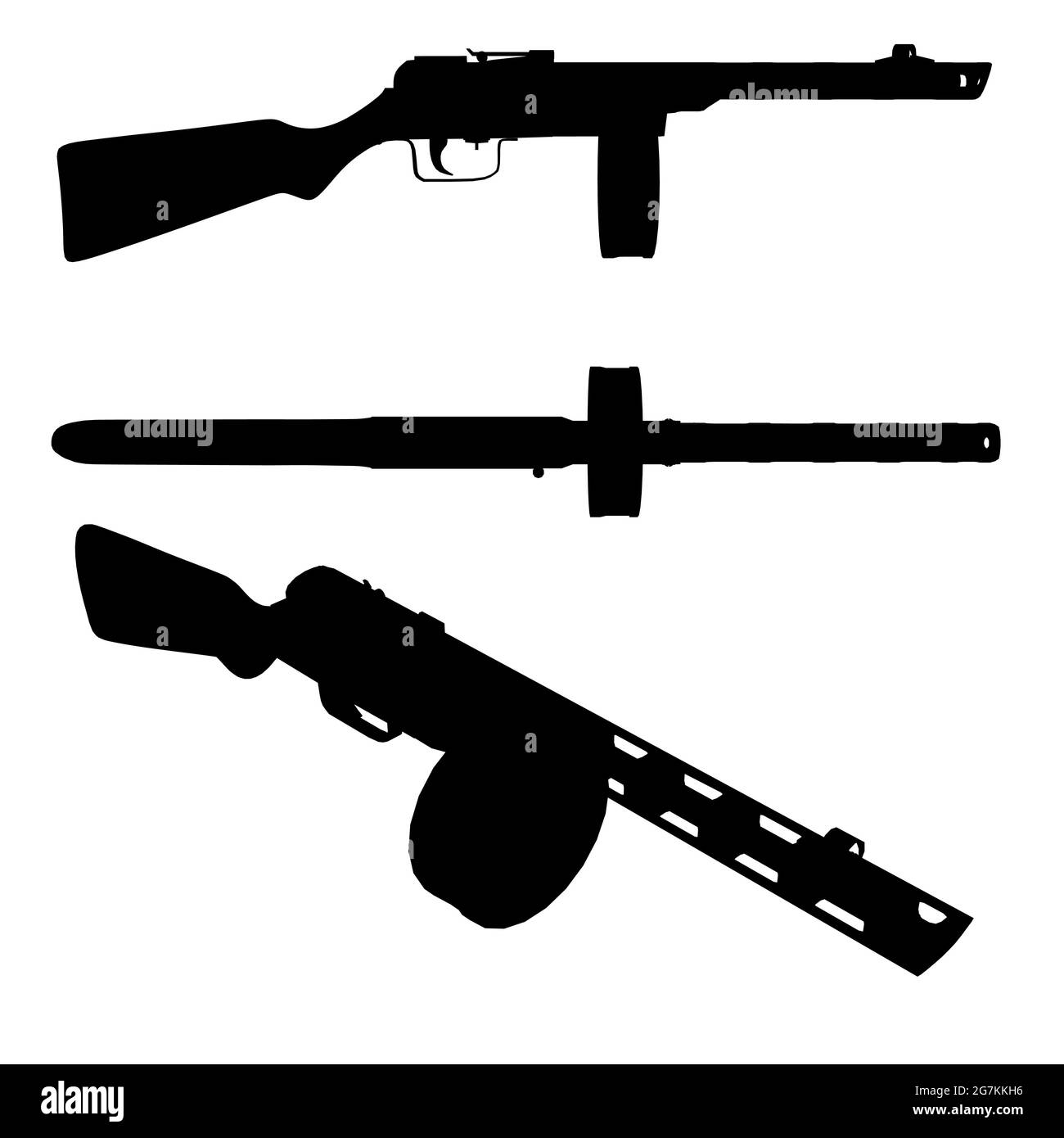 Set mit Silhouetten eines russischen Maschinengewehrs in verschiedenen Positionen isoliert auf weißem Hintergrund. Vektorgrafik. Stock Vektor