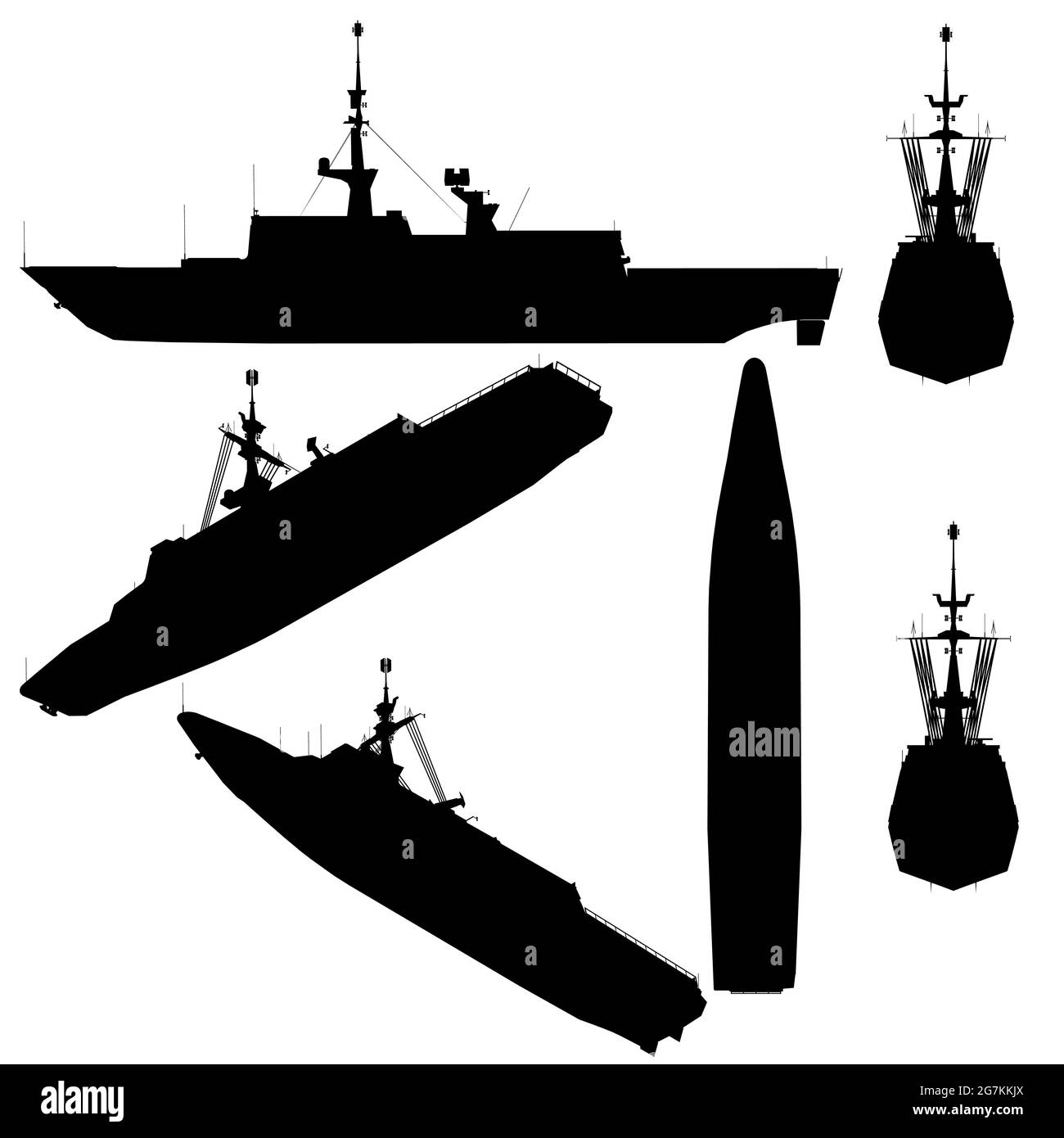 Set mit Silhouetten eines Kampfschiffs in verschiedenen Positionen isoliert auf weißem Hintergrund. Vektorgrafik. Stock Vektor