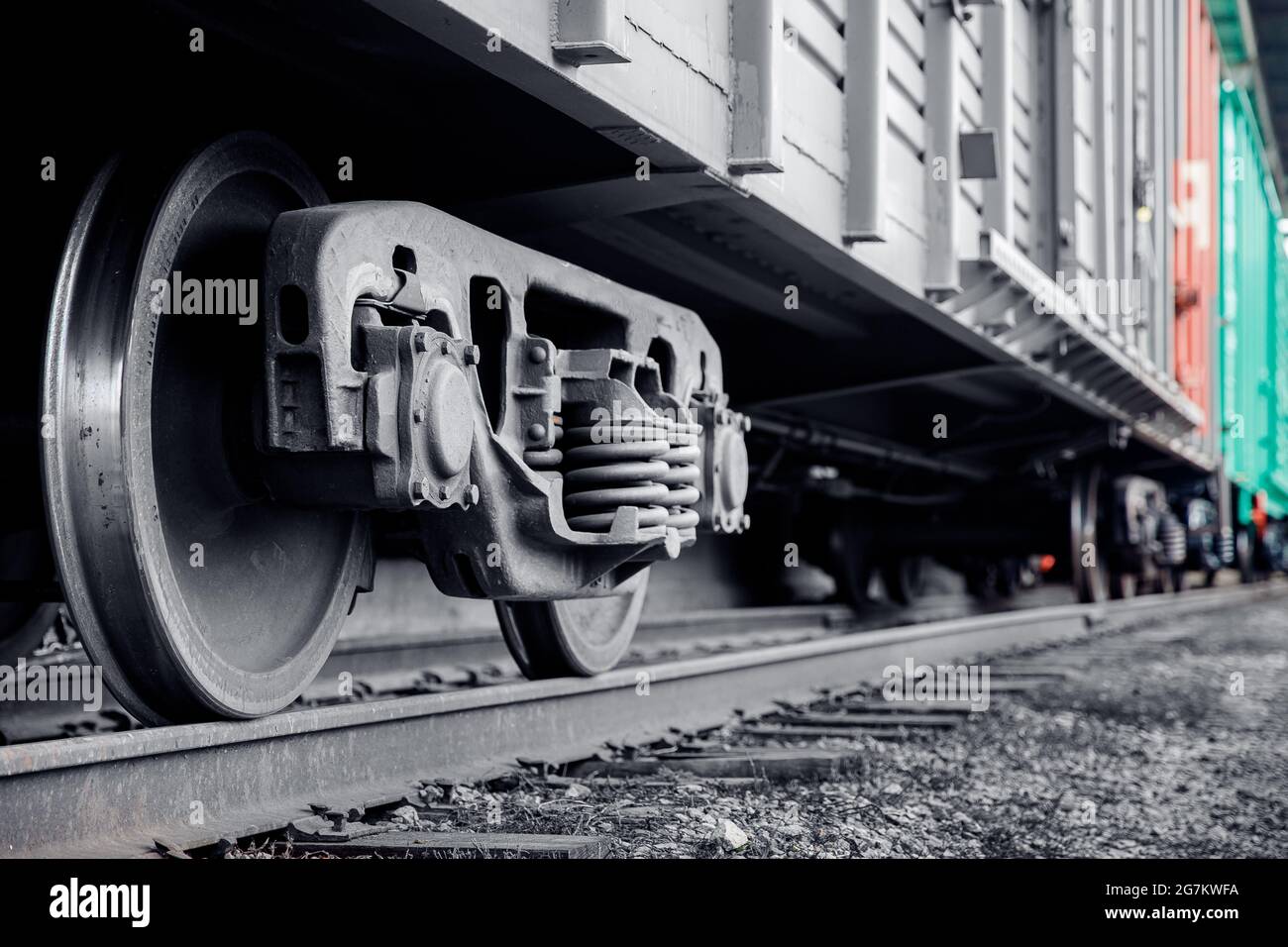Technologie Industrie Schiene Zug Räder monochrome Farbe. Stockfoto