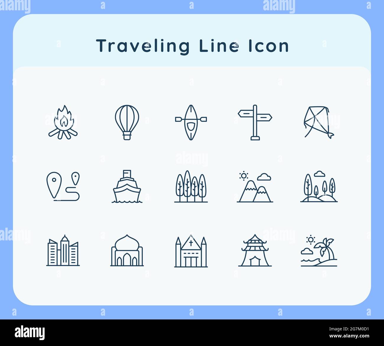 Reisen Symbol Symbole Set Sammlung Paket weiß isoliert Hintergrund mit Linie Umriss Stil Vektor-Design Illustration Stockfoto