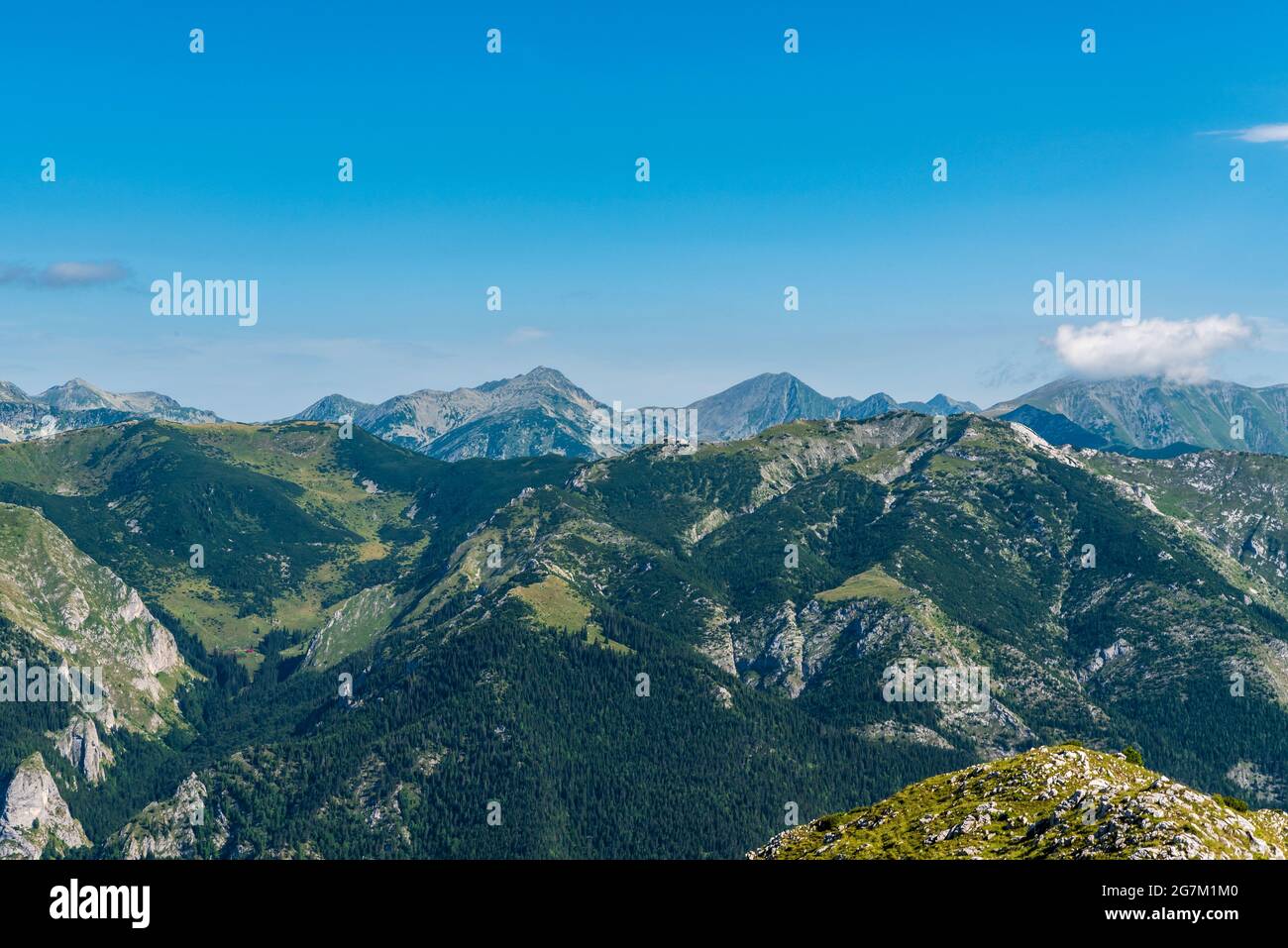 Retezat Berge von Coada Oslei Hügel auf Oslea Bergrücken in Valcan Berge in Rumänien während schönen Sommermorgen Stockfoto