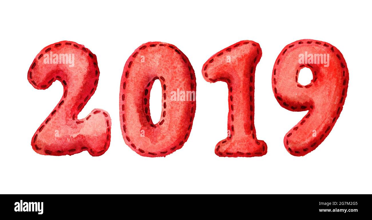 2019 Frohes neues Jahr Banner. Weihnachtszahlen. Aquarell handgezeichnete Illustration, isoliert auf weißem Hintergrund Stockfoto