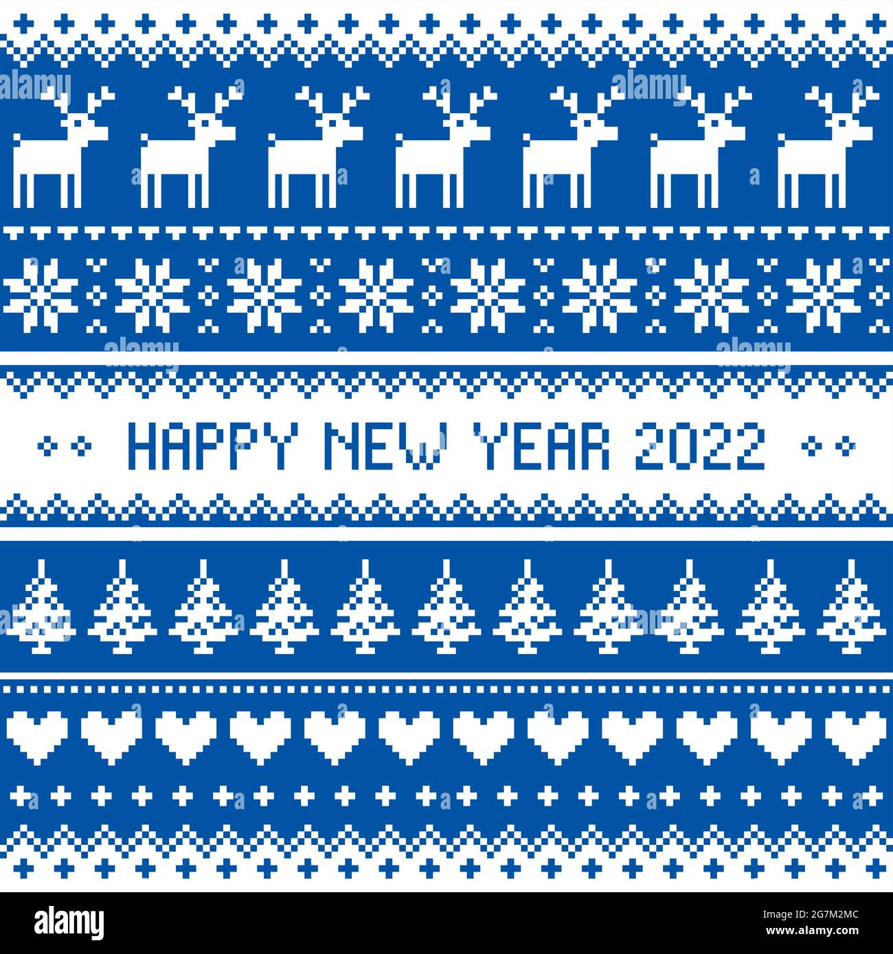 Happy New Year 2022 - skandinavisches Vektor-Nahtloses Kreuzstich-Muster oder Grußkarten-Design mit Redindeer und Schneeflocken Stock Vektor