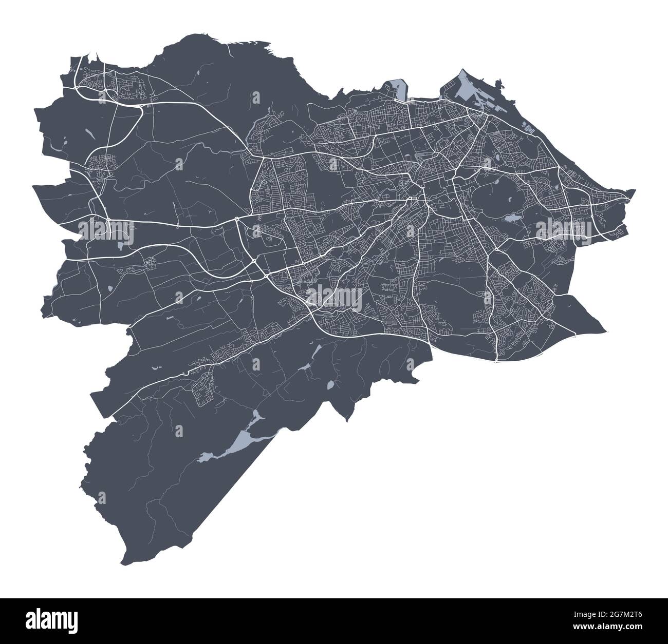 Edinburgh-Karte. Detaillierte Vektorkarte des Verwaltungsgebiets der Stadt Edinburgh. Blick auf das Stadtbild mit Postern und die Arie der Metropole. Dunkles Land mit weißen Straßen, Straßen Stock Vektor