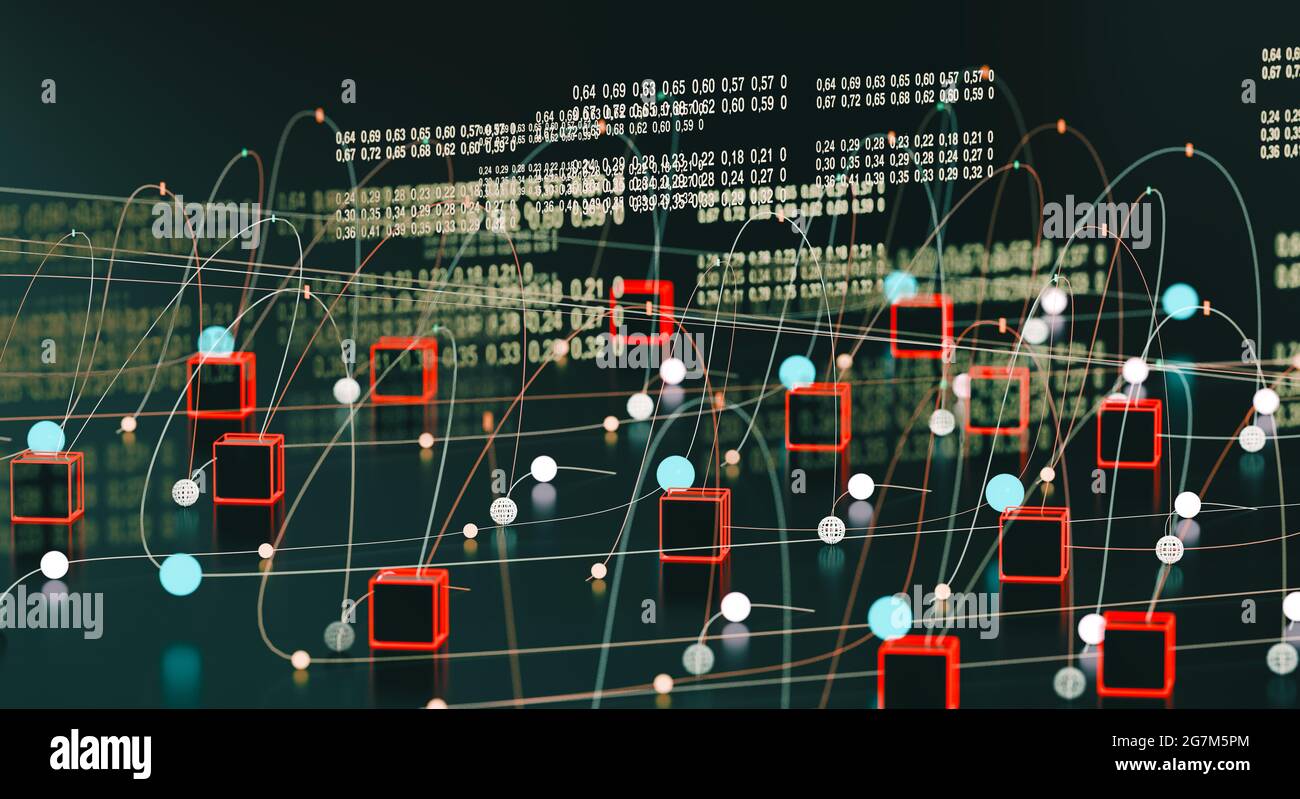 Big Data und Kommunikation. Internet und Datenanalyse im Web. Teamarbeit und IT-Software-Programmierung.3d-Illustration.Technologie und Wissenschaft Stockfoto