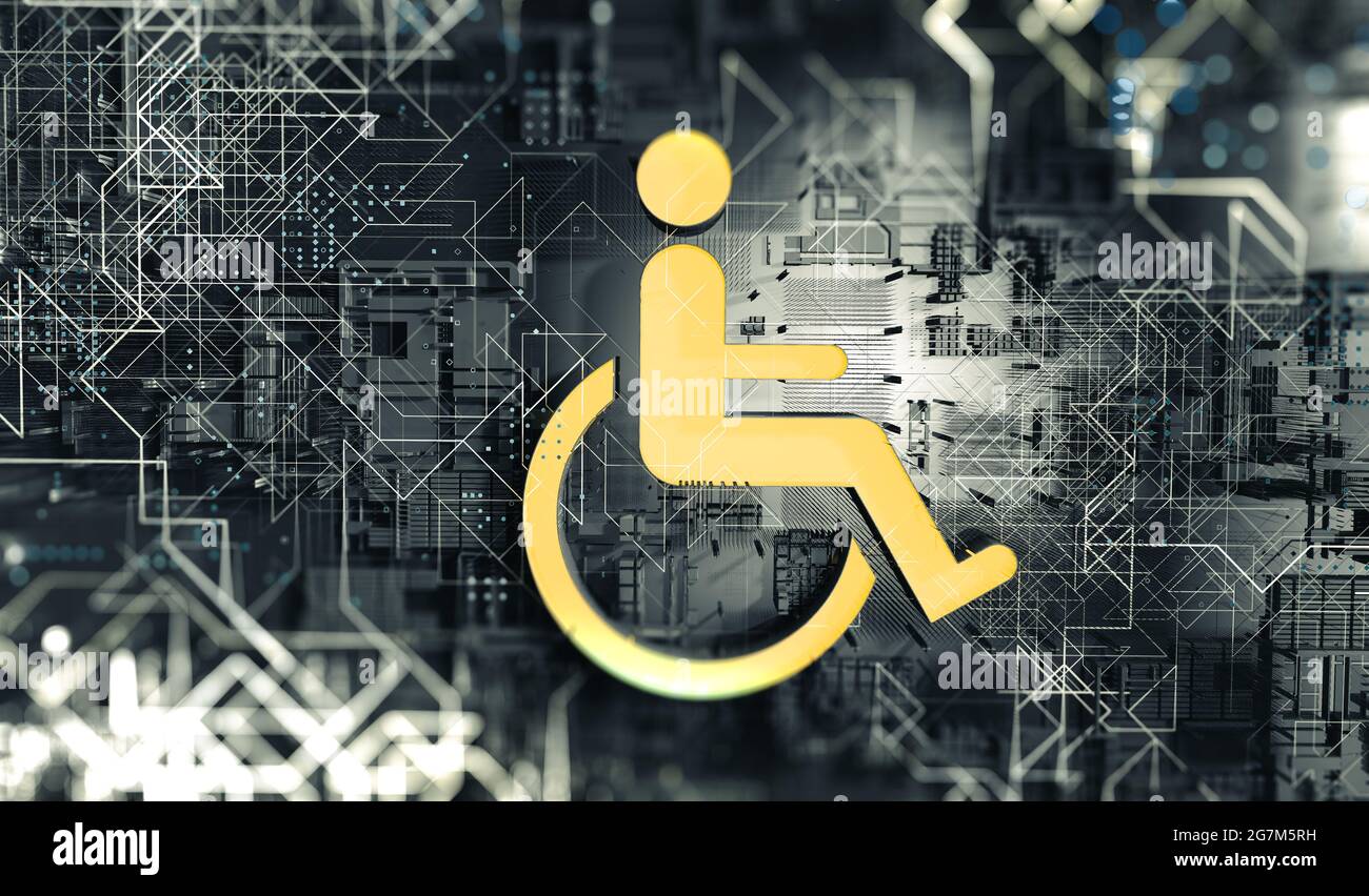 Zugang in Online-Internet-Website und Technologie für Menschen mit Behinderungen und Handicap angewendet.Accessibility Icon mit Rollstuhl und Technologie ab Stockfoto