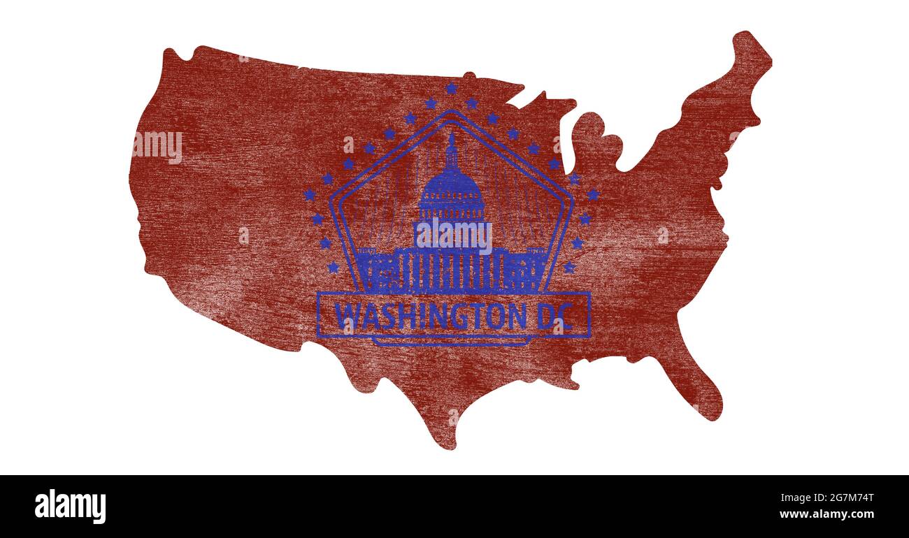 Digital generiertes Bild des weißen Hauses Symbol über uns Karte vor weißem Hintergrund Stockfoto