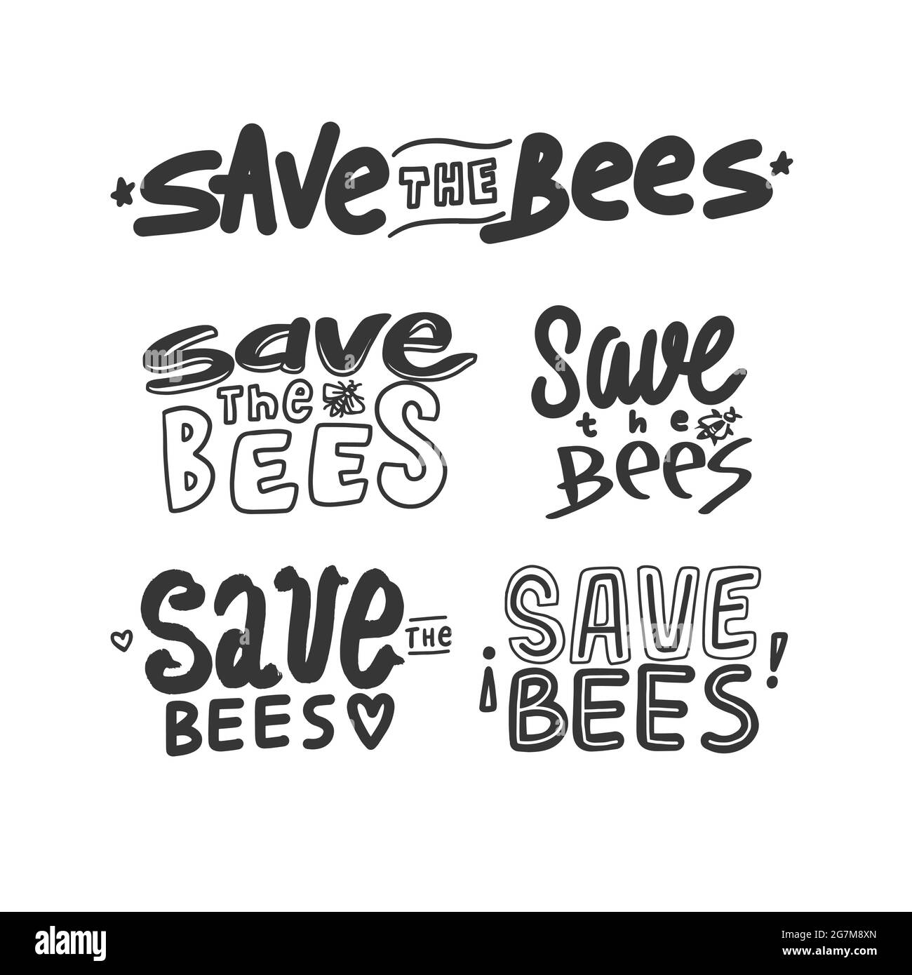 Speichern Sie die Bees-Beschriftung isoliert auf weißem Hintergrund. Handzeichnen sparen Bienen Zitat. Speichern Sie das Konzept der Bienen-Kalligraphie-Elemente Stock Vektor
