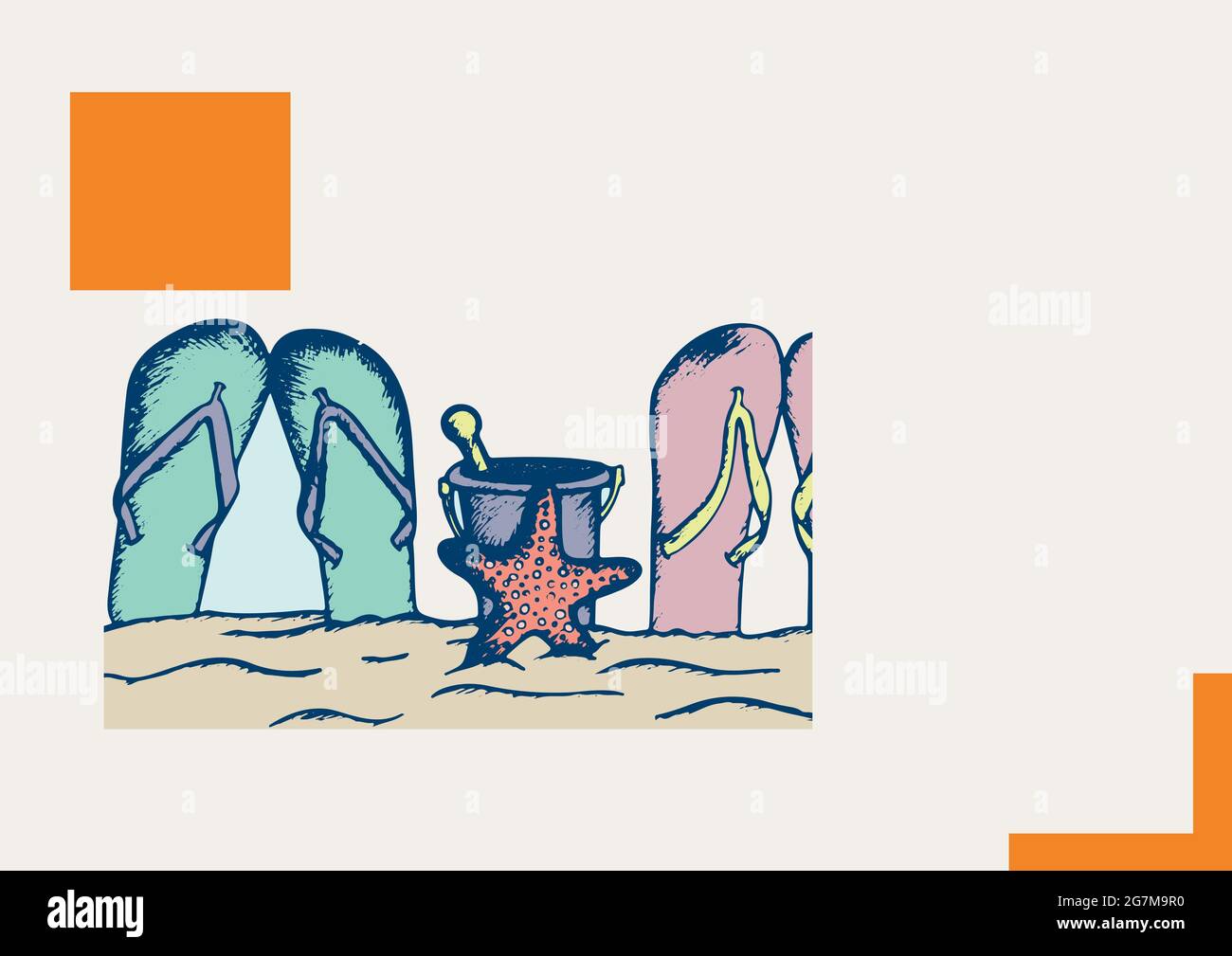 Flipflops, Eimer- und Sternfisch-Ikonen am Strand vor grauem Hintergrund Stockfoto