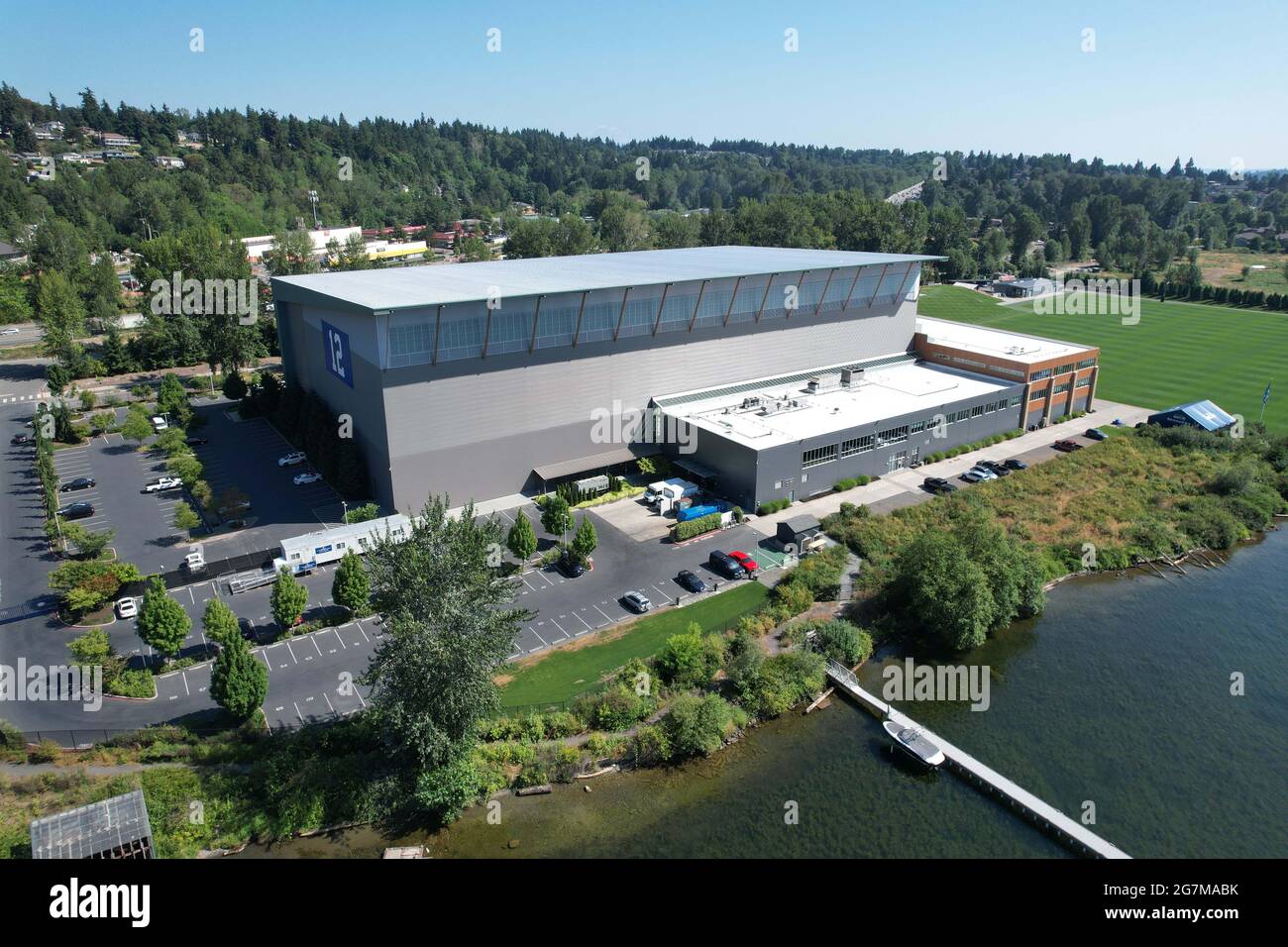 Eine Luftaufnahme des Virginia Mason Athletic Center, Mittwoch, 14. Juli 2021, in Renton, Wash. Die Anlage ist der Hauptsitz von Seattle Seahawks und Stockfoto