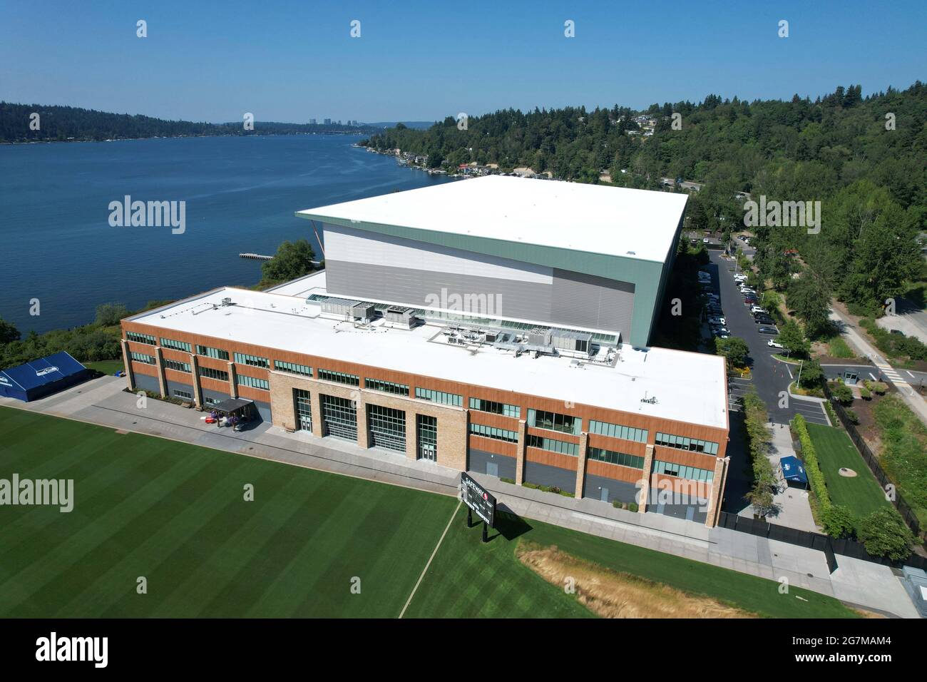 Eine Luftaufnahme des Virginia Mason Athletic Center, Mittwoch, 14. Juli 2021, in Renton, Wash. Die Anlage ist der Hauptsitz von Seattle Seahawks und Stockfoto