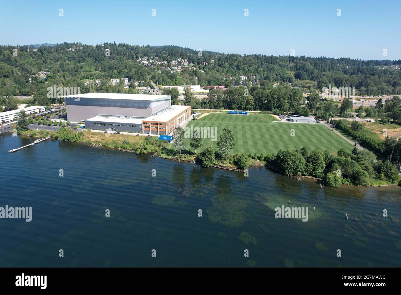 Eine Luftaufnahme des Virginia Mason Athletic Center, Mittwoch, 14. Juli 2021, in Renton, Wash. Die Anlage ist der Hauptsitz von Seattle Seahawks und Stockfoto