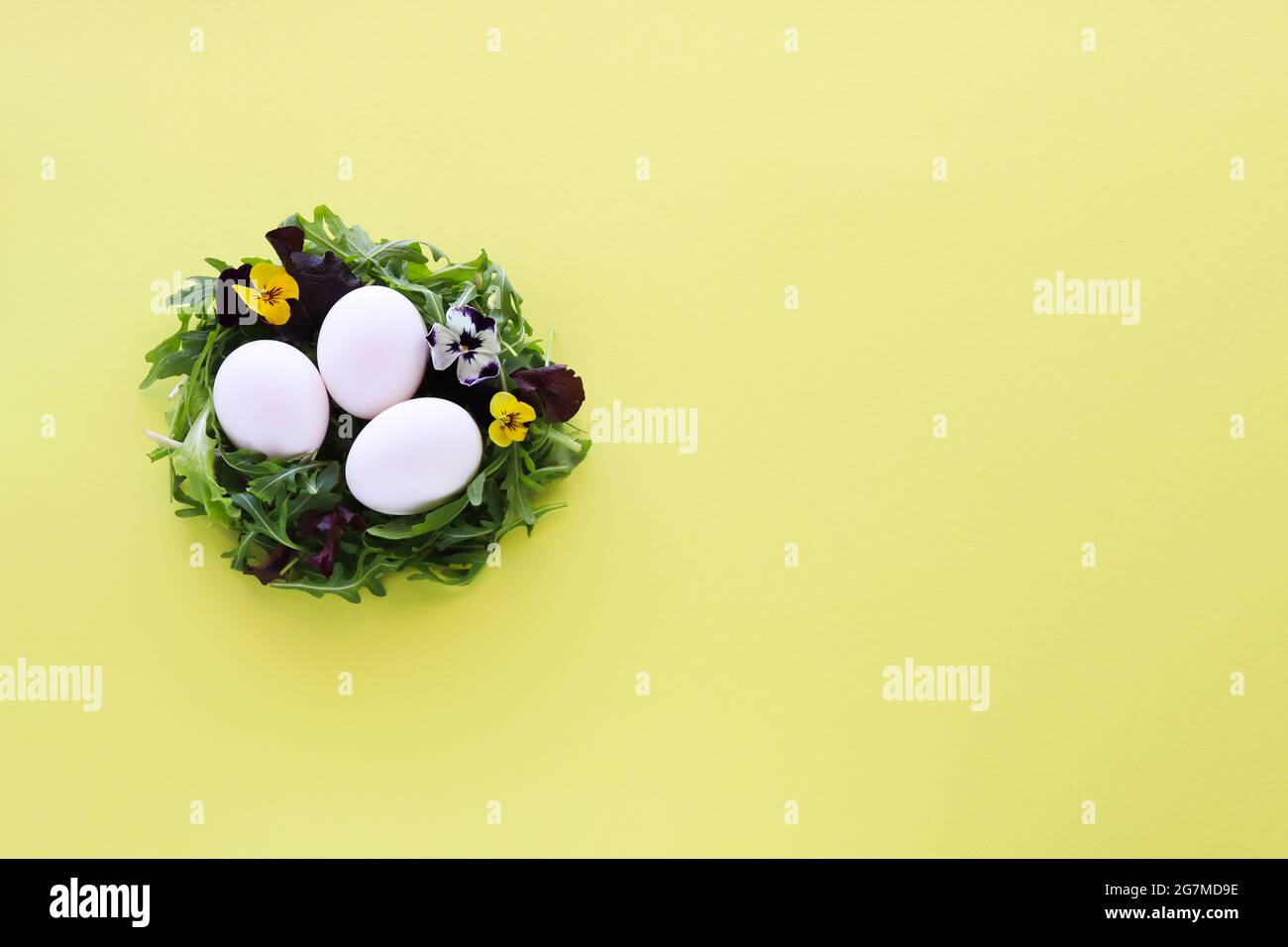 Kleines Eiernest aus Salatblättern und Blumen mit weißen Eiern darin. Osterdekor Stockfoto