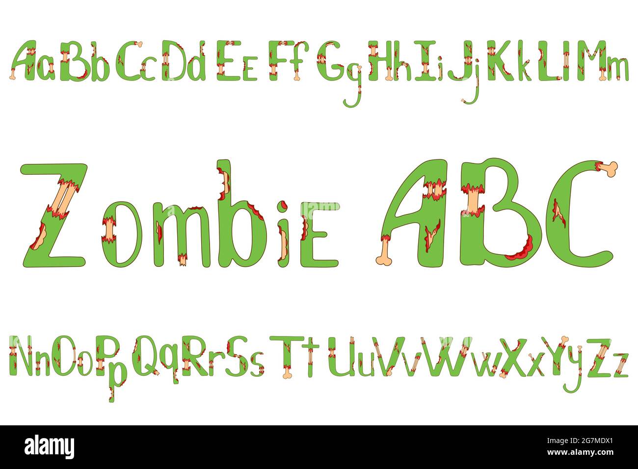 Zombie Alphabet für halloween mit Wunde und Knochen Stock Vektor