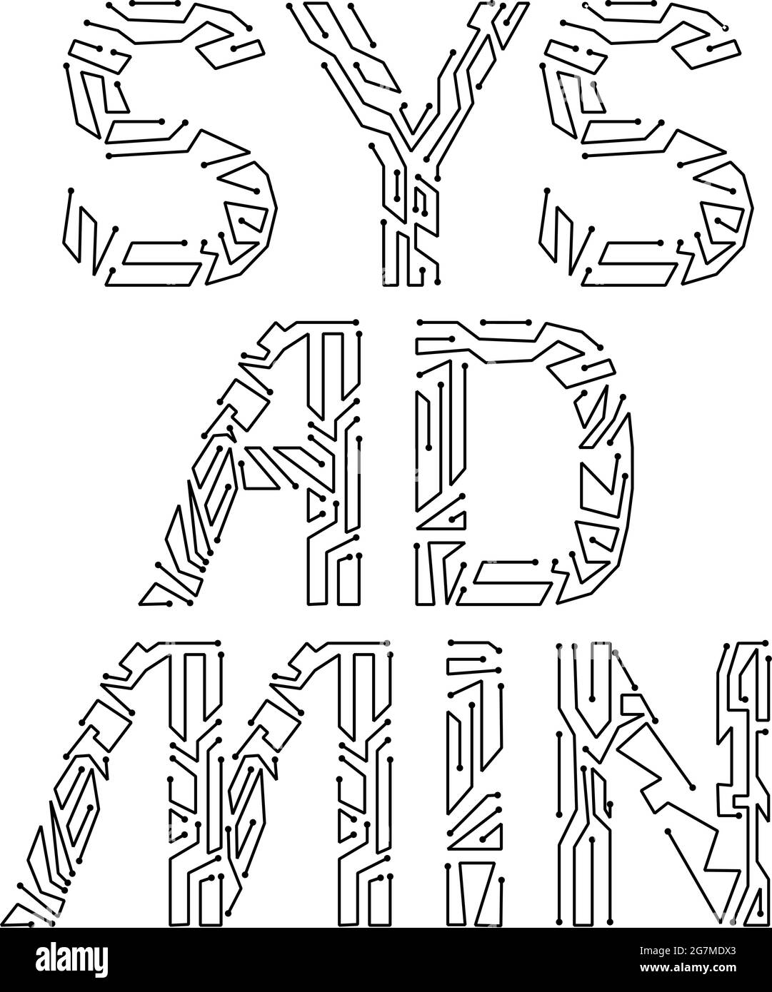 Sysadmin. Systemadministrator. Das Konzept eines professionellen Urlaubs. Der Slang-Name ist der sysadmin. Buchstaben bestehen aus simulierenden Chips. Stock Vektor