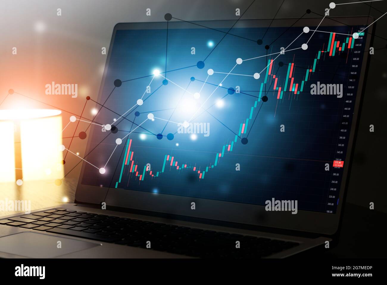Marktdiagramm für Business Technology Finance Exchange. Weltkarte oben Hintergrund Stockfoto