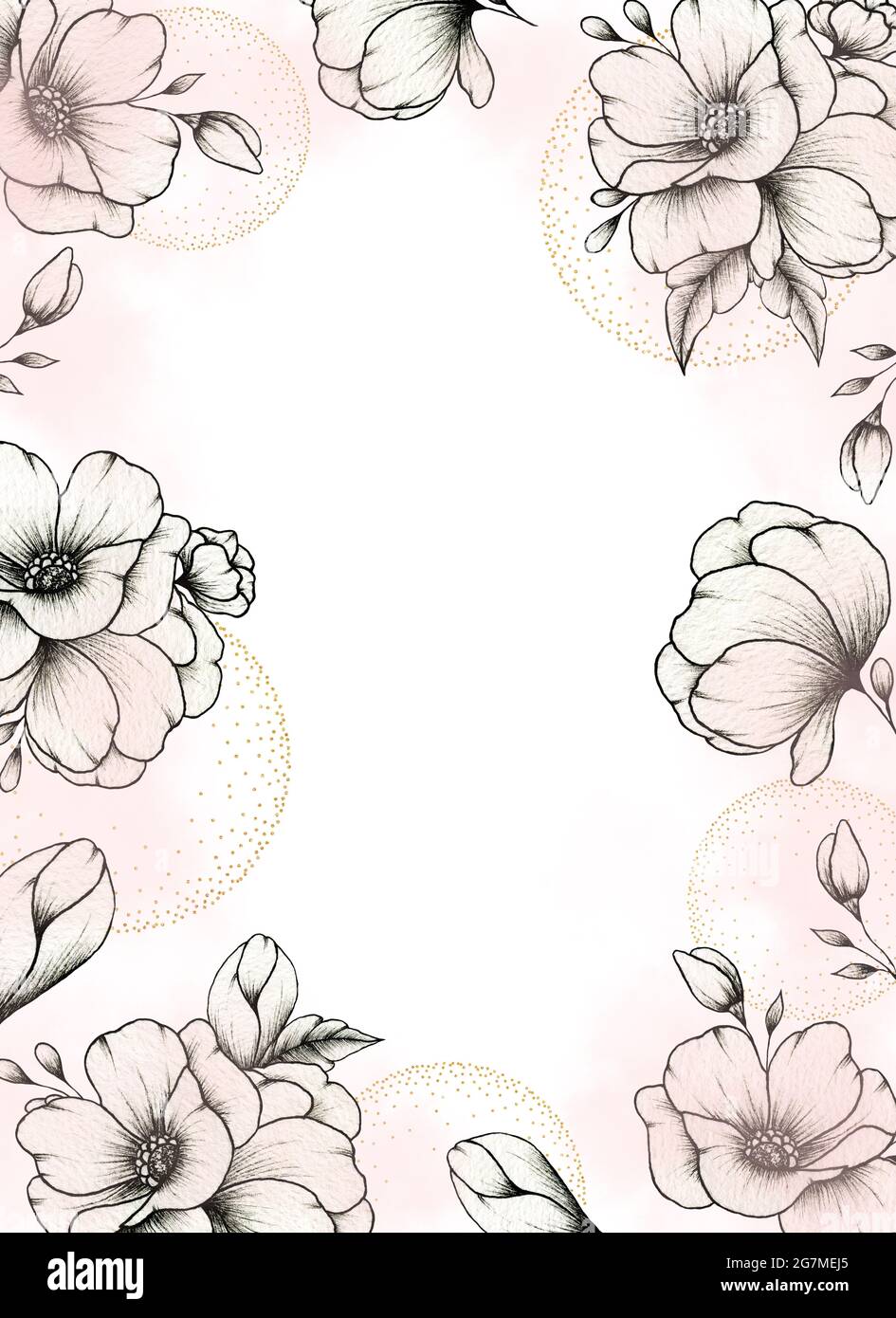 Luxus-Karte Vorlage mit goldenen Kreisen und Tinte Kunst Blumen, Hochzeit Ornament Konzept, Blumenposter, Einladung, dekorative Grußkarte, Einladung Stockfoto