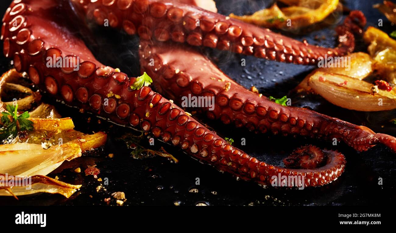 Nahaufnahme einer Portion zart gegrillter ganzer Oktopus oder Tintenfisch-Tentakeln,  serviert mit gerösteten Zwiebeln, Zitronenschale, Kräutern und Gewürzen in  einem Panorama-Banner Stockfotografie - Alamy