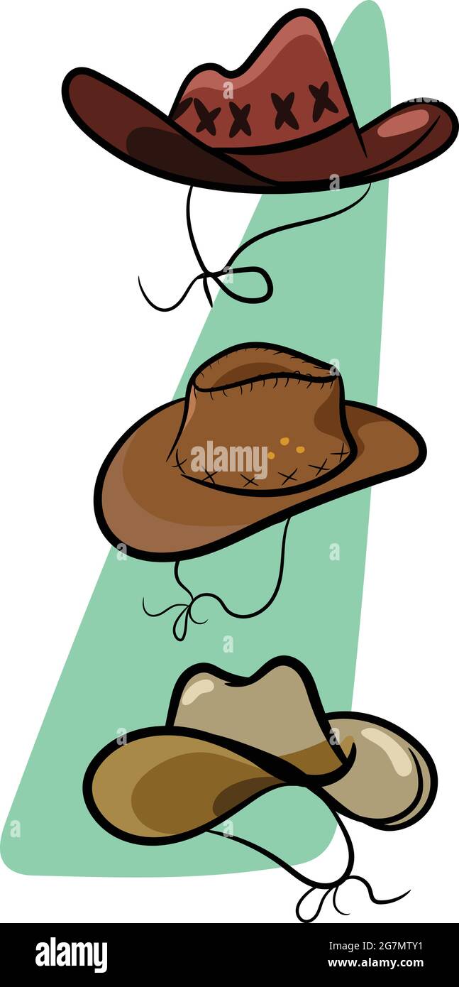 Ein Set aus 3 beliebten, stylischen Cowboy-Hüten, die von Cowboys im wilden Westen von texas getragen werden. Mode-Hüte Im Landhausstil. Grafische Elemente im „Wild West Texas Country“-Design. Stock Vektor