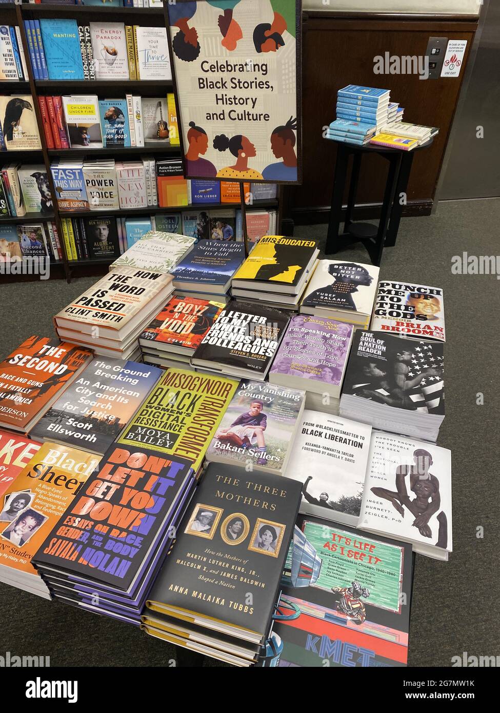 Ausstellung von Büchern zum Verkauf, die die Geschichte und Kultur der Schwarzen rund um den nationalen Feiertag der Juneteenth in den Vereinigten Staaten feiern. Buchhandlung, Brooklyn, NY. Stockfoto