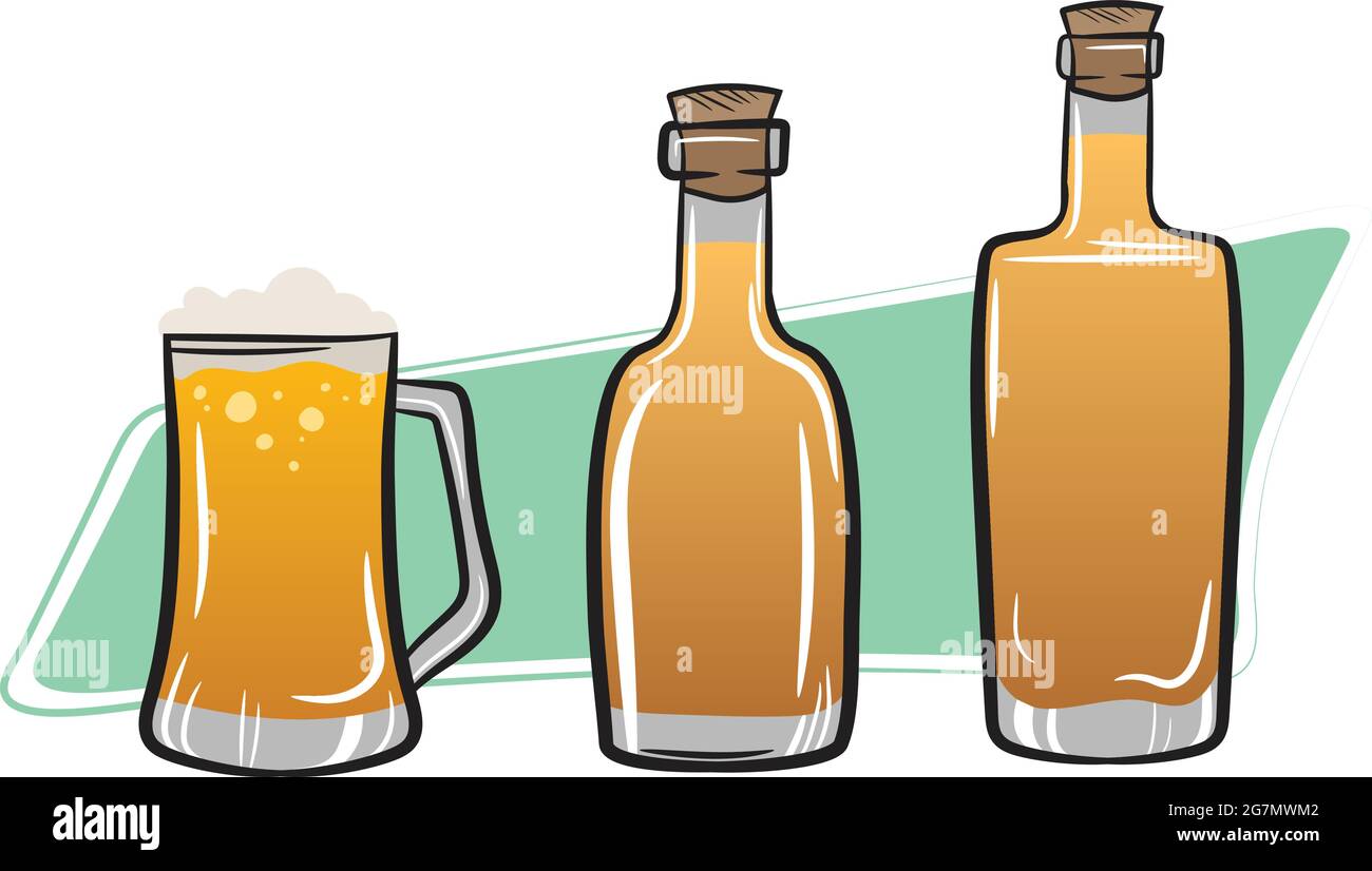 Getränke aus dem wilden Westen von texas. Saloon trinkt Rum-Tequila und einen schaumigen Becher Bier. Cartoon Style Illustration von Alkoholflaschen. Stock Vektor