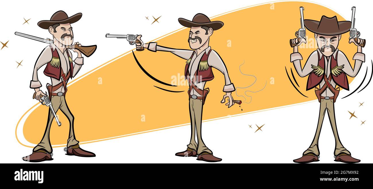 Ein Satz von 3 badass Cowboys halten Waffen. Grafische Elemente im „Wild West Texas Country“-Design. Cowboy-Vektorelemente auf weißem Hintergrund isoliert. Stock Vektor