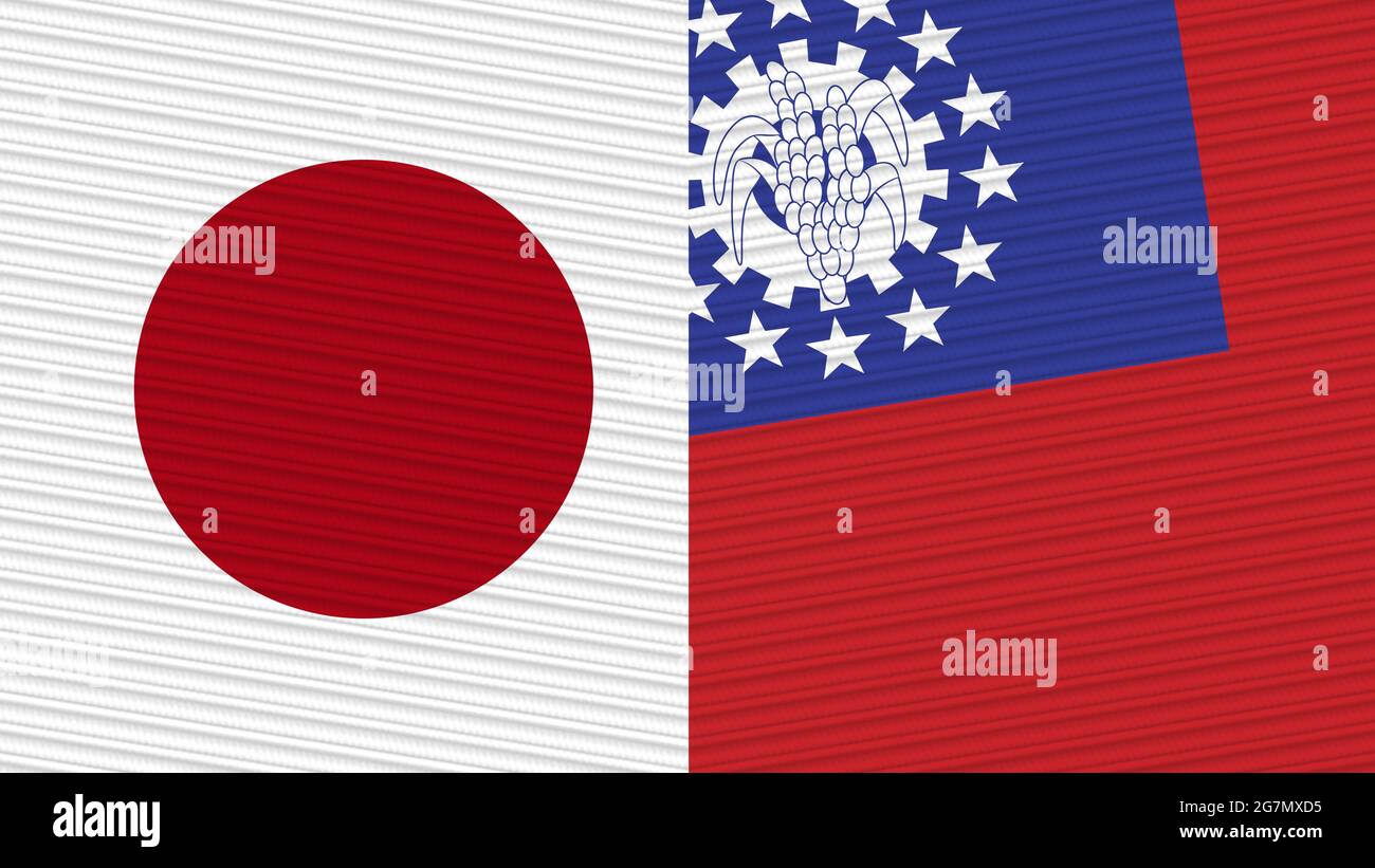 Nepal und Japan zwei Half Flags zusammen Stofftextur Illustration Stockfoto