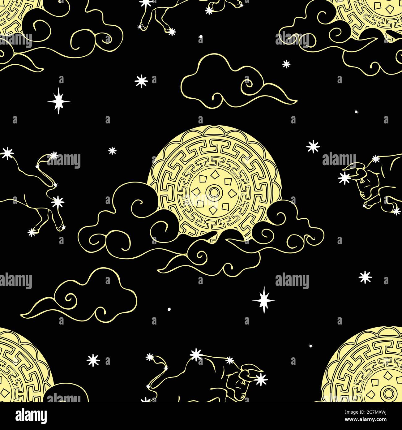 Nahtloses Vektor-Muster mit Sternzeichen Stier auf schwarzem Hintergrund. Dunkle Astronomie Himmel Tapete mit Mond. Chines Horoskop Mode Textil. Stock Vektor