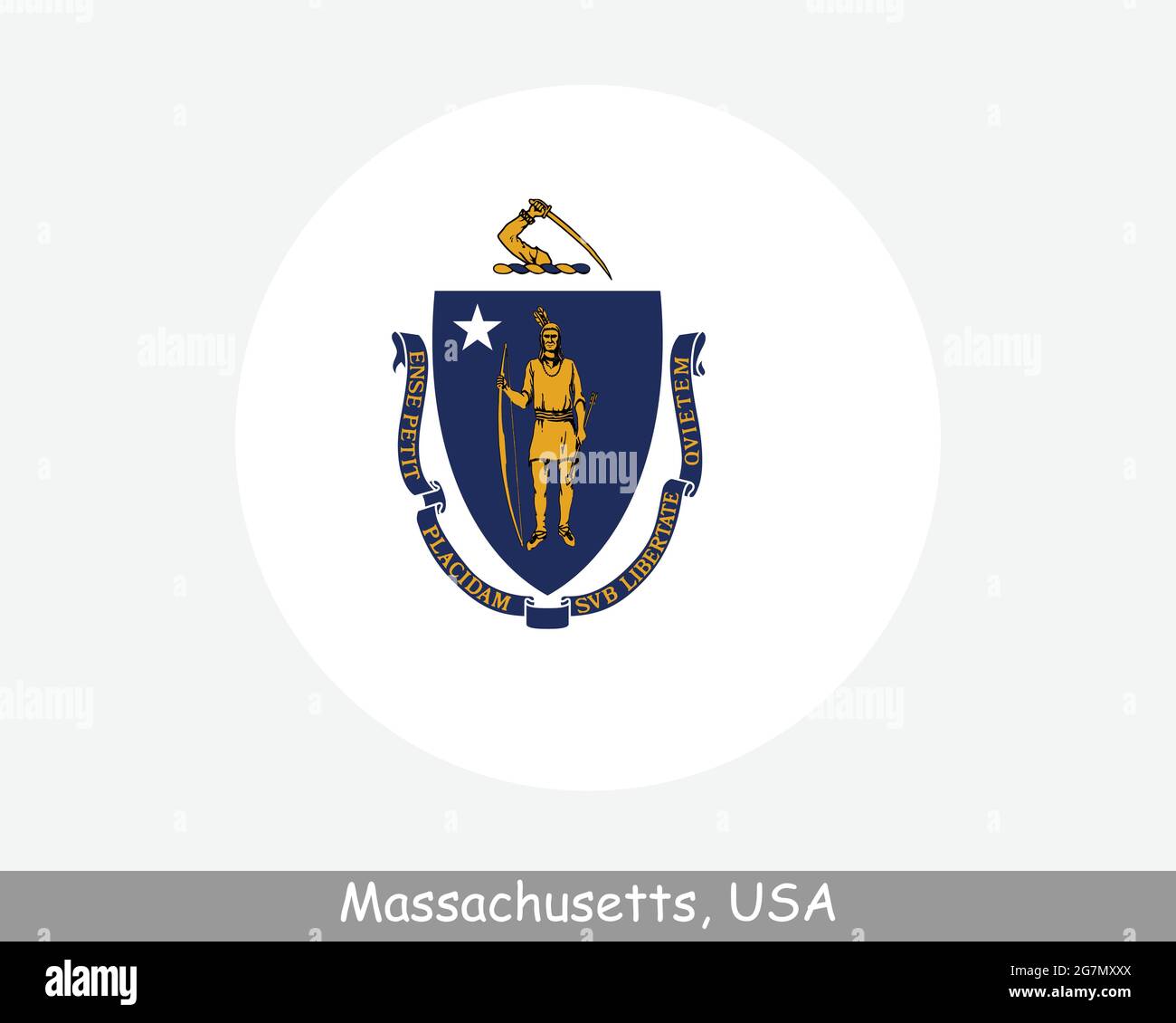 Massachusetts Round Circle Flagge. MA USA State Circular Button Banner-Symbol. Massachusetts Vereinigte Staaten von Amerika Staatsflagge. Der Bay State EPS-Vektor Stock Vektor