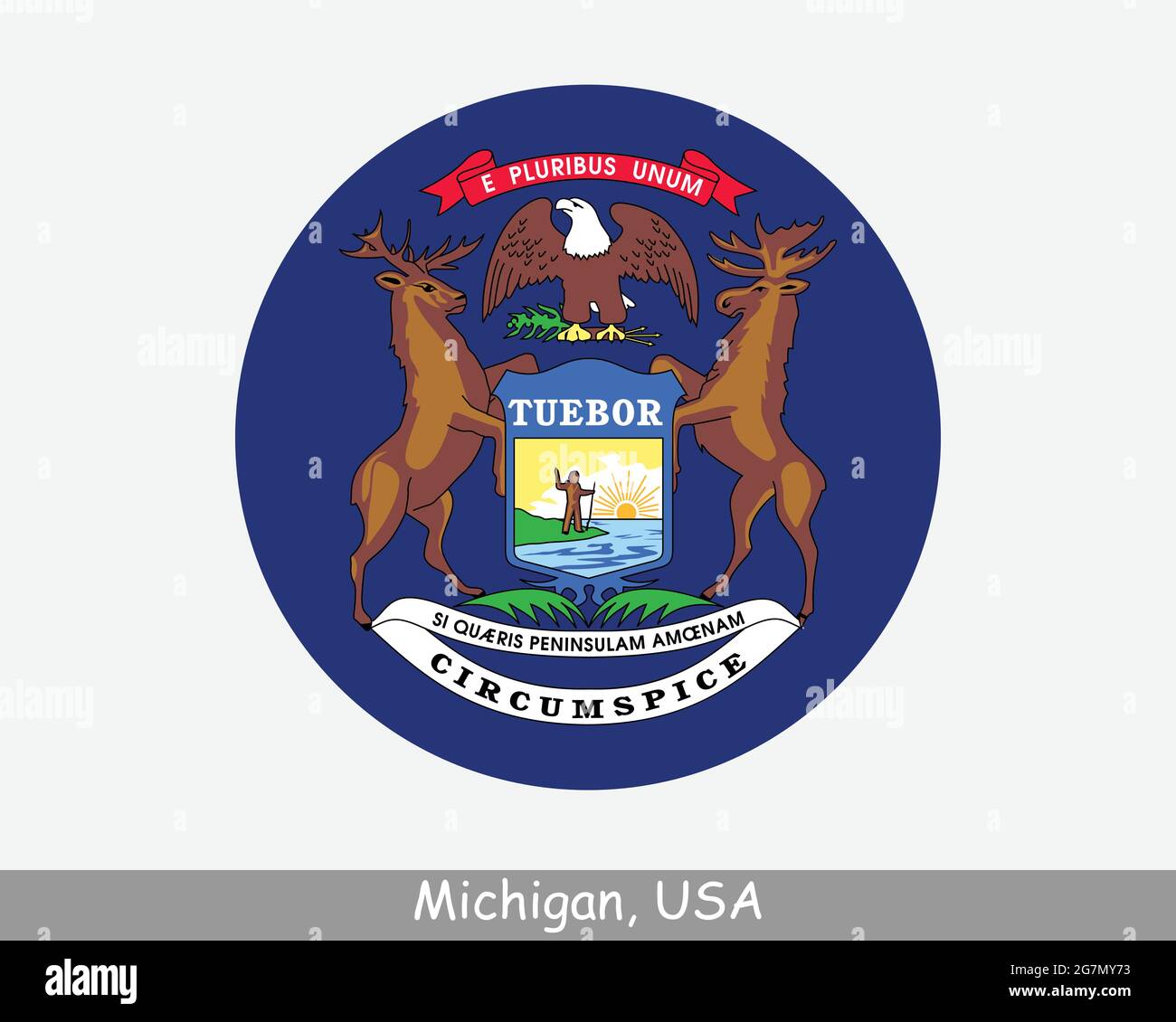 Michigan Round Circle Flagge. MI USA State Circular Button Banner-Symbol. Michigan Vereinigte Staaten von Amerika Staatsflagge. Der EPS-Vektor von Great Lakes State Stock Vektor