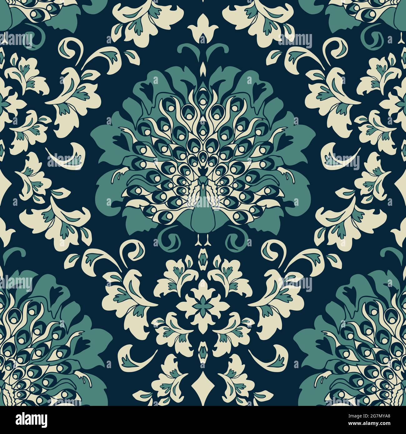 Nahtloses Vektor-Muster mit dekorativem Vogel auf blauem Hintergrund. Pfau Tapete im viktorianischen Stil. Luxuriöser Damast-Mode-Textil mit Blumenmuster. Stock Vektor