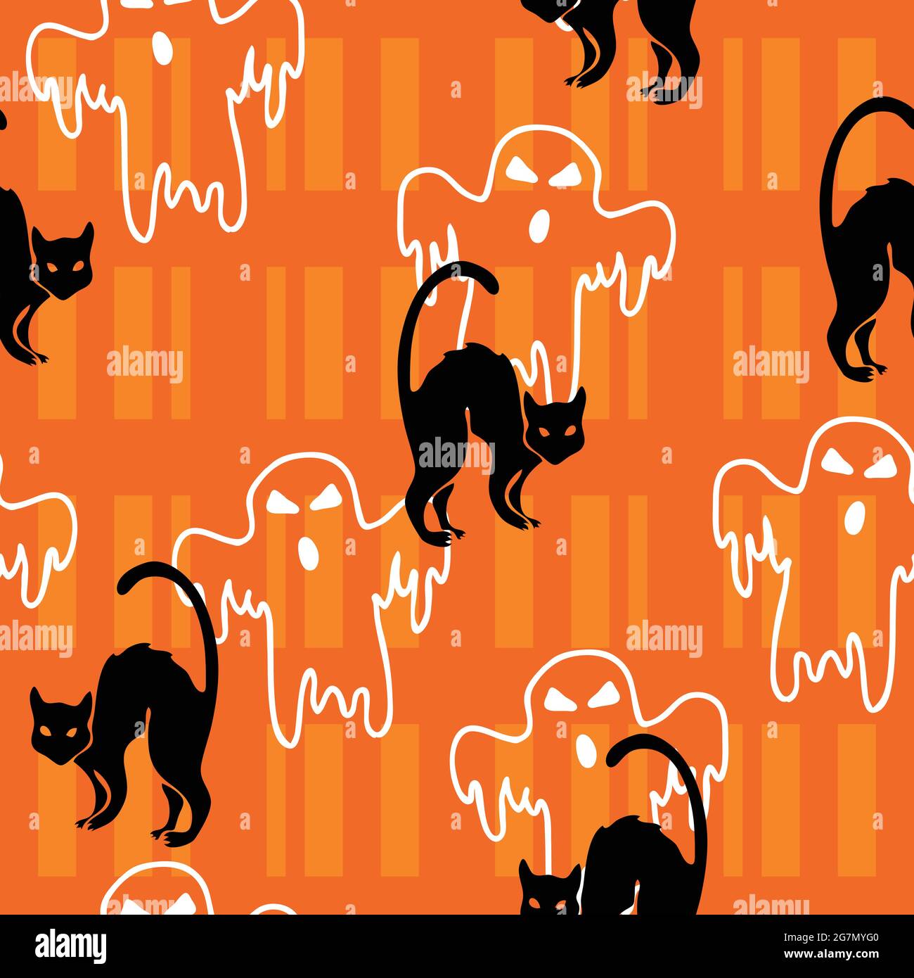 Nahtloses Vektor-Wiederholungsmuster mit schwarzen Katzen und Geistern auf orangefarbenem Hintergrund. Halloween Tapete Design. Beängstigende Mode-Textilien. Stock Vektor