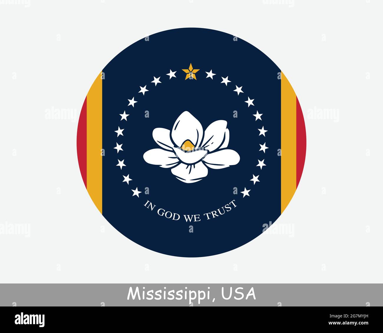 Mississippi Round Circle Flagge. Symbol für kreisförmige Schaltfläche „MS USA State“. Mississippi Staatsflagge der Vereinigten Staaten von Amerika. Der Staat Magnolia, Das Hospital Stock Vektor