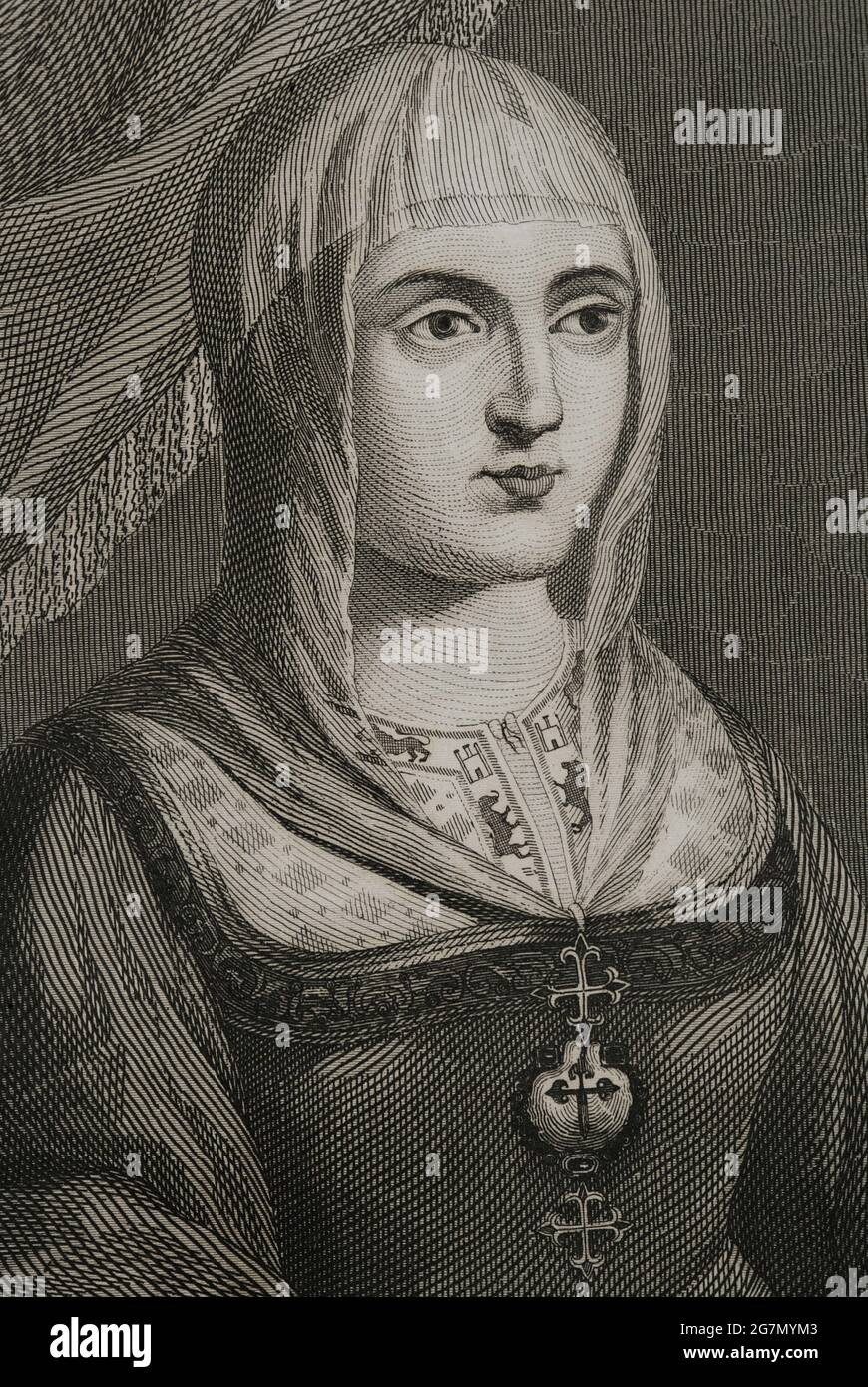 Isabella I. (1451-1504). Königin von Kastilien (1474-1504). Königin Gemahlin von Aragon für ihre Ehe mit Ferdinand II. Von Aragon. Porträt, Detail. Stich von Antonio Roca Sallent. Las Glorias Nacionales, 1853. Autor: Antonio Roca Sallent (1813-1864). Spanischer Gravierer. Stockfoto