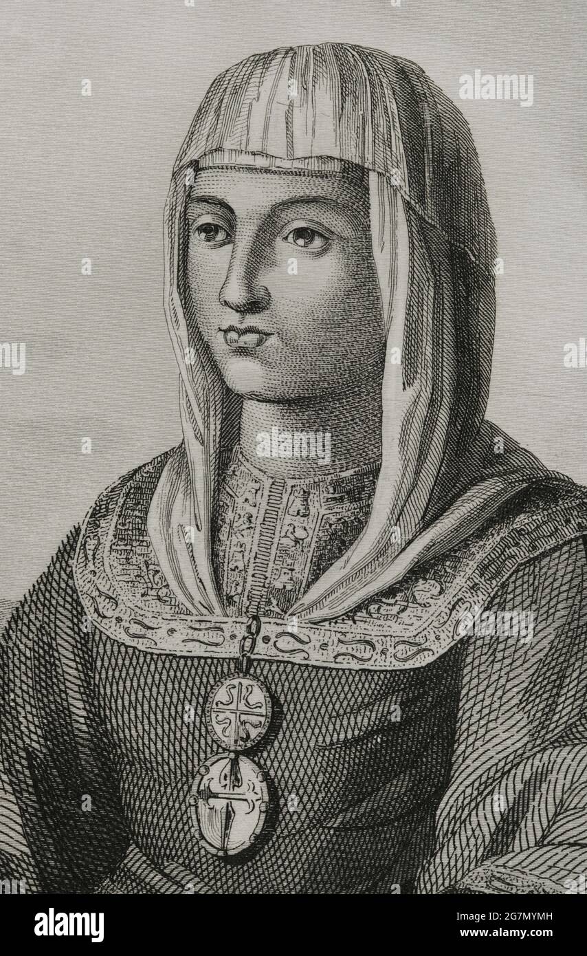 Joanna von Kastilien (bekannt als Joanna der Mad) (1479-1555). Königin von Kastilien (1504-1555) und Aragon (ab 1516), Tochter der Katholischen Könige. Ehefrau von Philipp dem Schönen. Hochformat. Stich von Antonio Roca Sallent. Las Glorias Nacionales, 1853. Autor: Antonio Roca Sallent (1813-1864). Spanischer Gravierer. Stockfoto