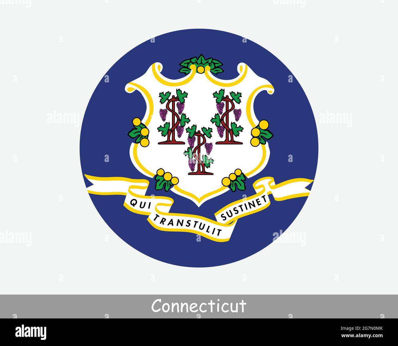 Connecticut Round Circle Flagge. CT USA State Circular Button Banner-Symbol. ALABAMA Vereinigte Staaten von Amerika Staatsflagge. Der Verfassungsstaat EPS Vecto Stock Vektor