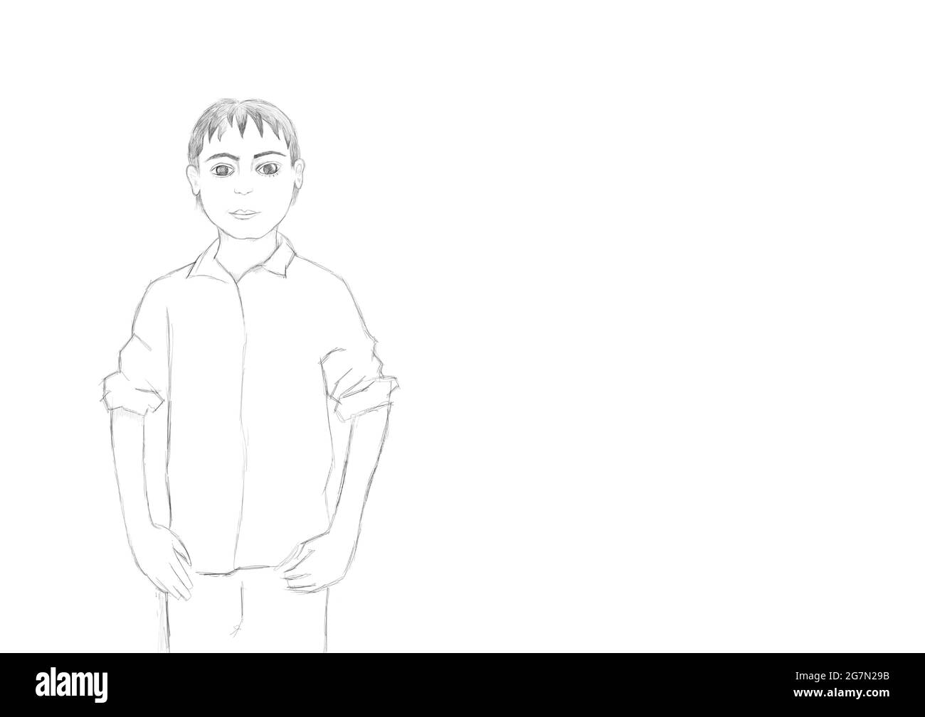 Silhouette eines kleinen Jungen. Skizze des Kindes, handgezeichnet, mit Kopierraum. Zeichnung eines Kindes, schwarz und weiß. Stockfoto