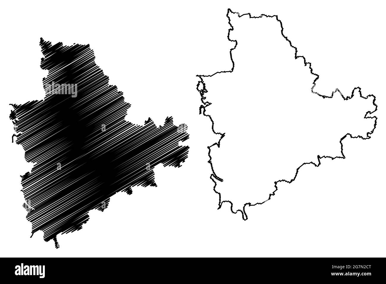 Main-Spessart Bezirk (Bundesrepublik Deutschland, Landkreis Unterfranken, Freistaat Bayern) Kartenvektordarstellung, Scribble-Skizze M Stock Vektor