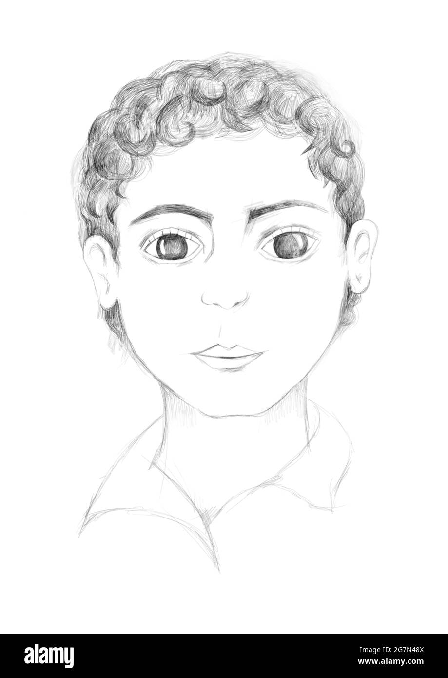 Porträt eines kleinen Jungen. Gesicht eines Kindes, von Hand gezeichnet, Porträt. Zeichnung eines Kindes, schwarz und weiß. Stockfoto