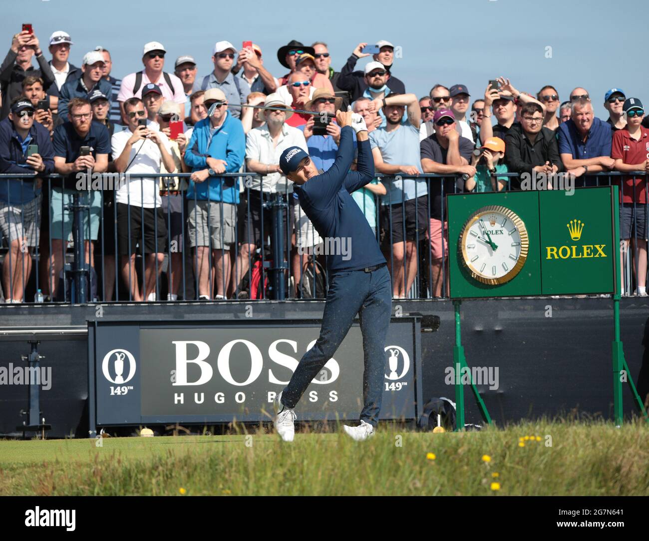 Sandwich, Großbritannien. Juli 2021. Jordan Spieth aus den USA fährt am ersten Tag der Open Championship am Royal St George's in Sandwich, England, am Donnerstag, dem 15. Juli 2021, auf dem siebten Abschlag. Foto von Hugo Philpott/UPI Credit: UPI/Alamy Live News Stockfoto