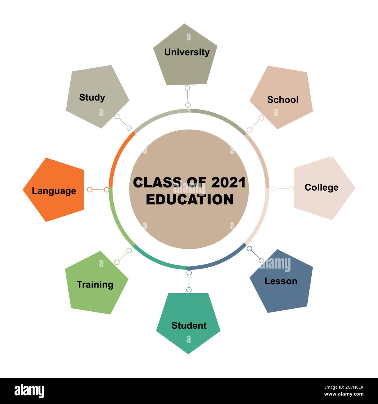 Diagrammkonzept mit Class of 2021 Education Text und Schlüsselwörtern. EPS 10 isoliert auf weißem Hintergrund Stock Vektor