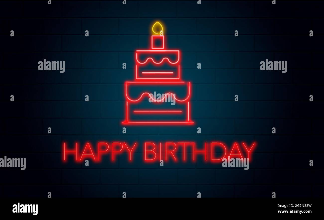 Eine rote Neon-Geburtstagstorte mit einer Kerze ist an einer Ziegelwand in der Nacht angebracht zu sehen. Die Worte Happy Birthday sind auch in Neon in diesem 3-d-Illustrat zu sehen Stockfoto