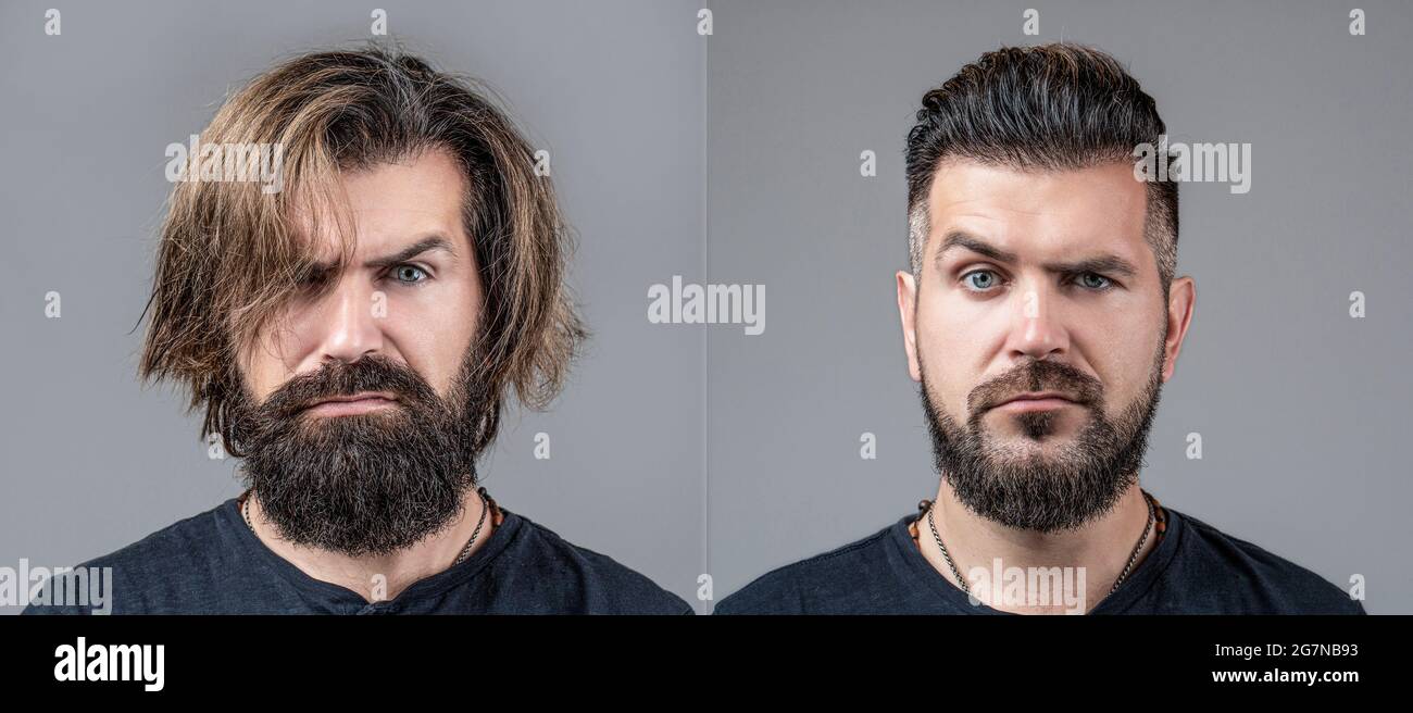 Collage Mann vor und nach dem Besuch Friseurladen, verschiedene Frisuren,  Schnurrbart, Bart. Männliche Schönheit, Vergleich. Rasieren, Frisieren. Bart  rasieren Stockfotografie - Alamy